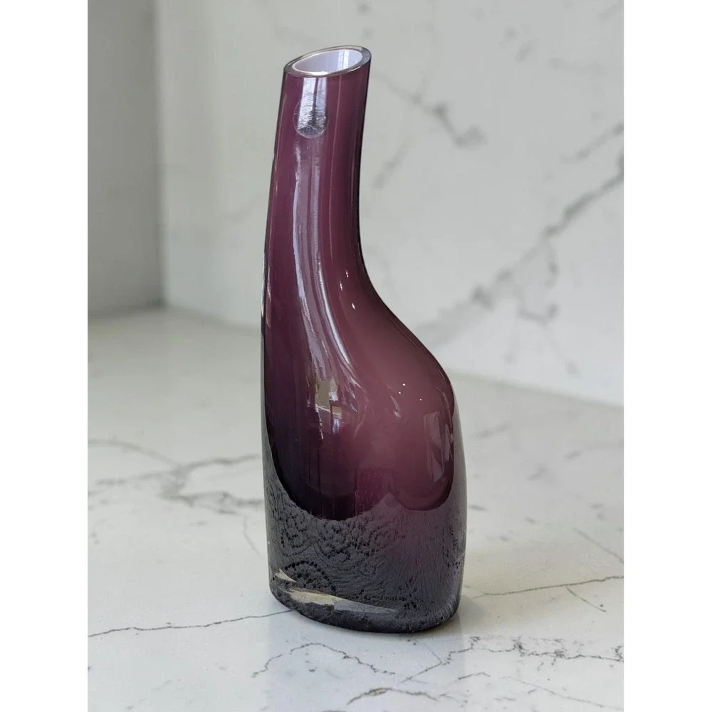 1990s Vintage IKEA Glass Vase Purple Asymmetrical Hand Blown Amethyst 11in